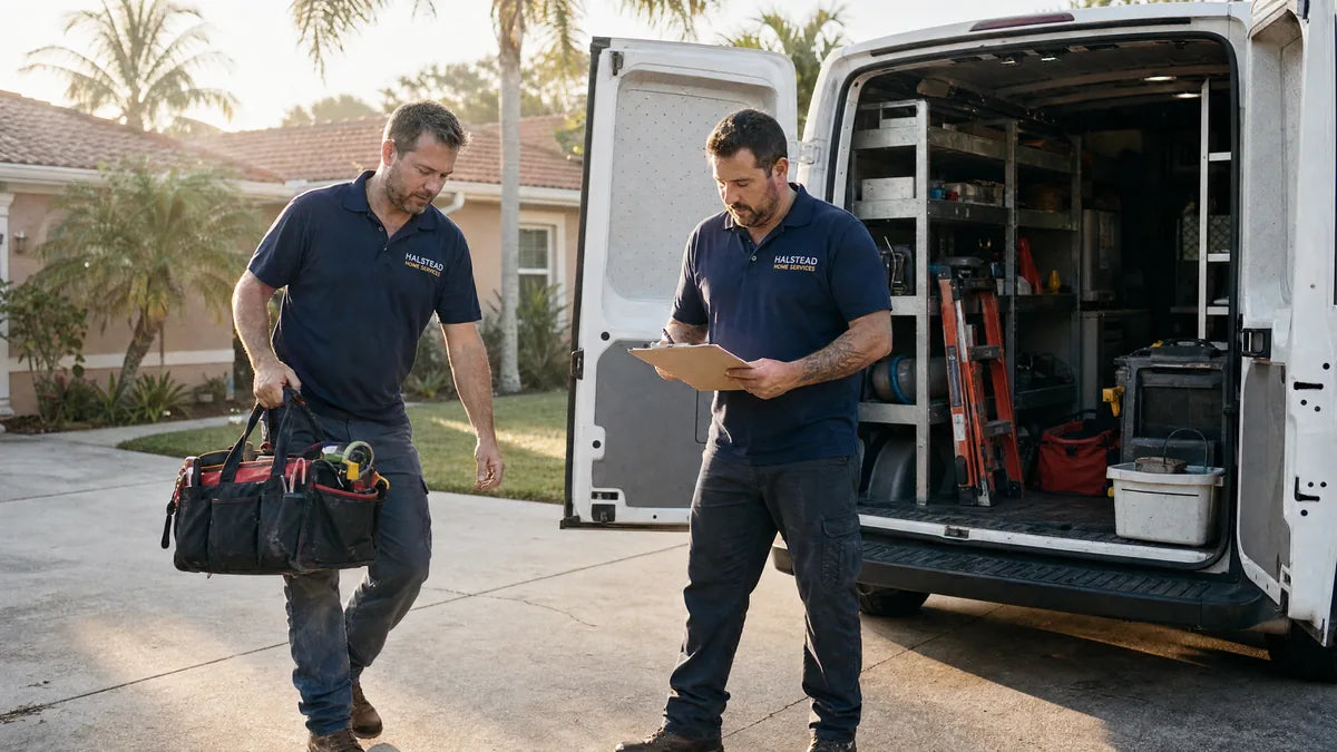 Two service crew members in navy branded work shirts loading equipment from a work van
