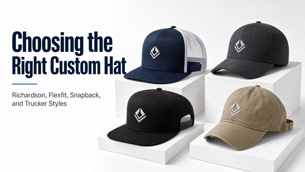 Four custom hat styles compared: navy trucker cap, charcoal fitted cap, black flat brim snapback, and khaki dad cap