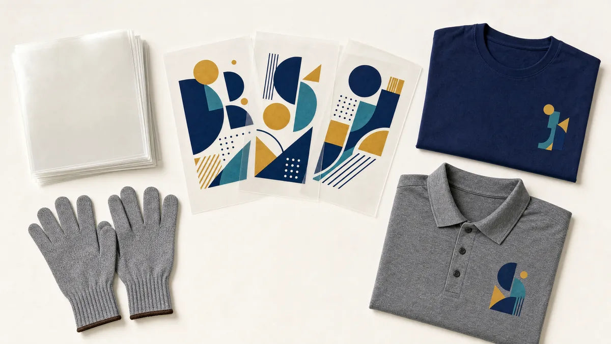Clear DTF transfer films fanned beside a folded navy tee and grey polo with matching prints