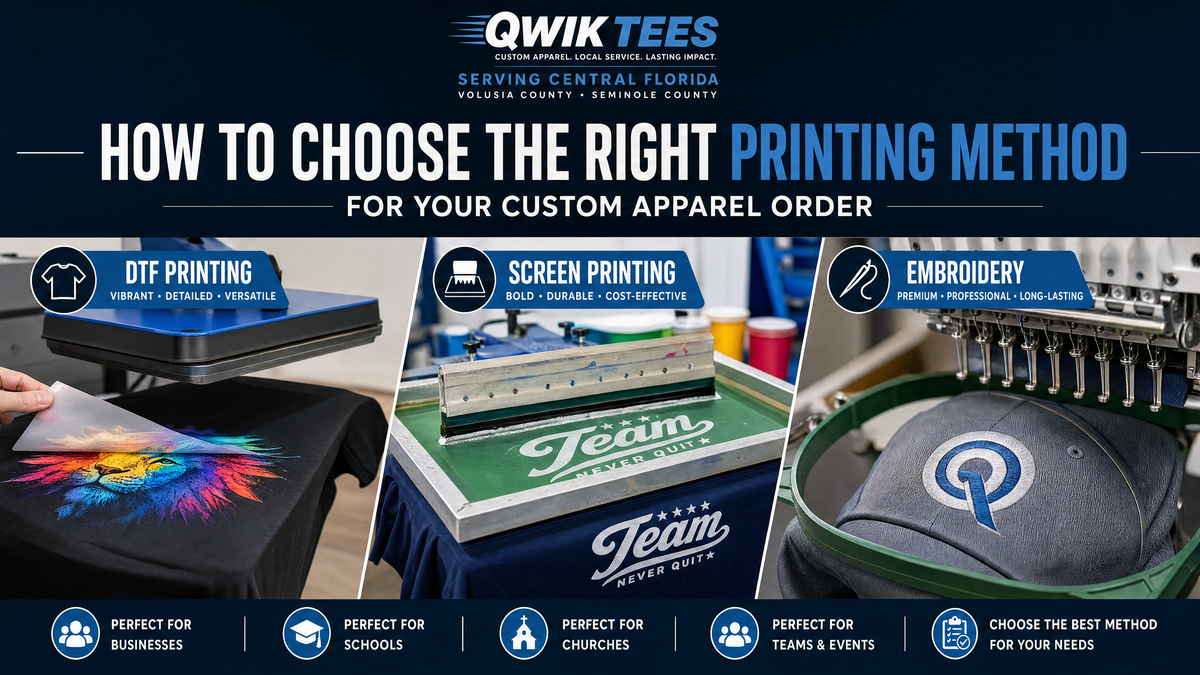 Featured blog banner showing DTF printing, screen printing, and embroidery options for choosing the right custom apparel printing method.