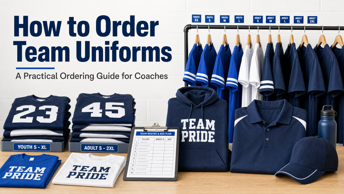 Custom team uniforms including jerseys, polos, hoodies and caps arranged with a roster clipboard for a coach ordering team apparel