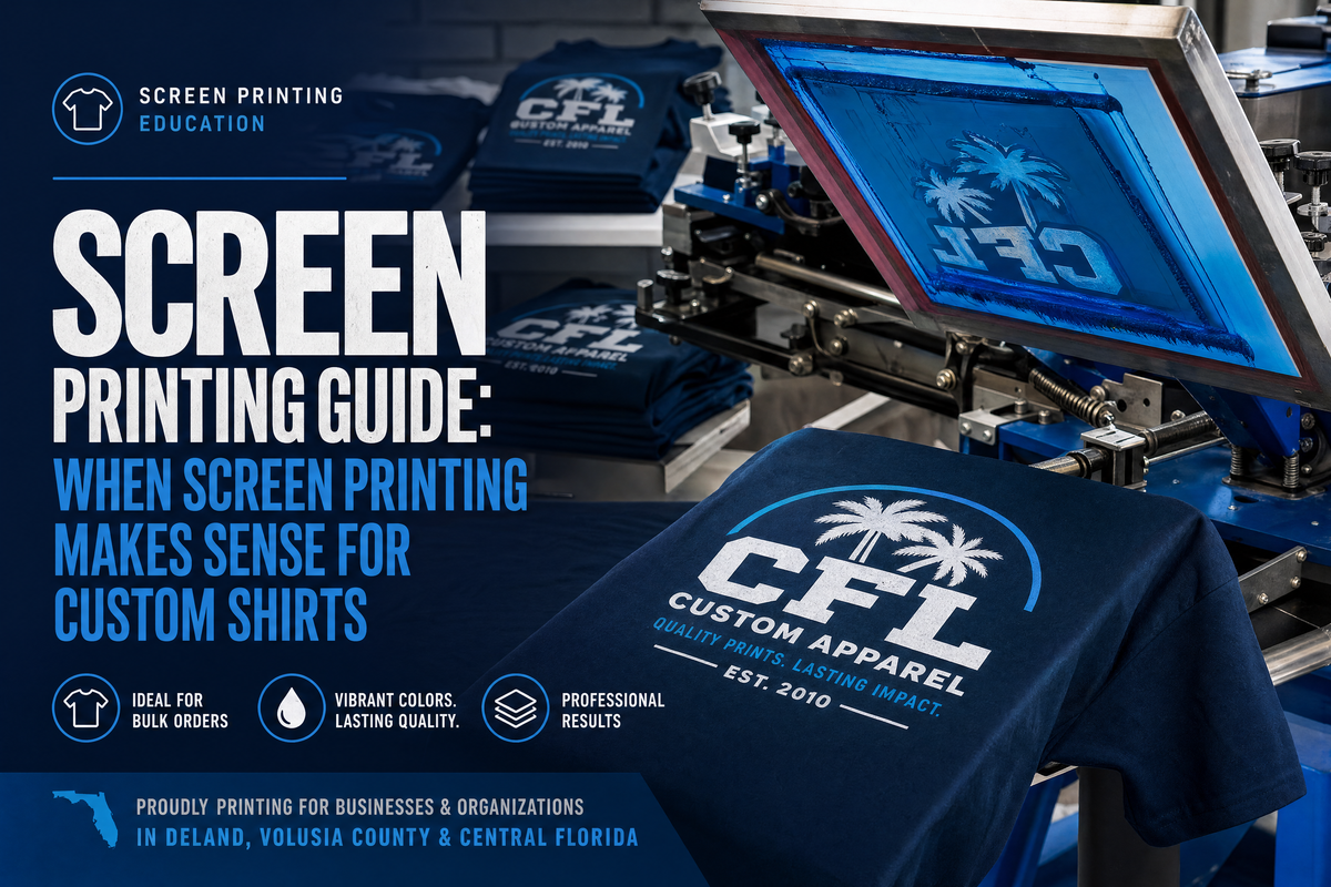 Screen printing guide banner showing a custom t-shirt being printed on a screen printing press for bulk custom shirts by Qwik Tees in DeLand, Florida.