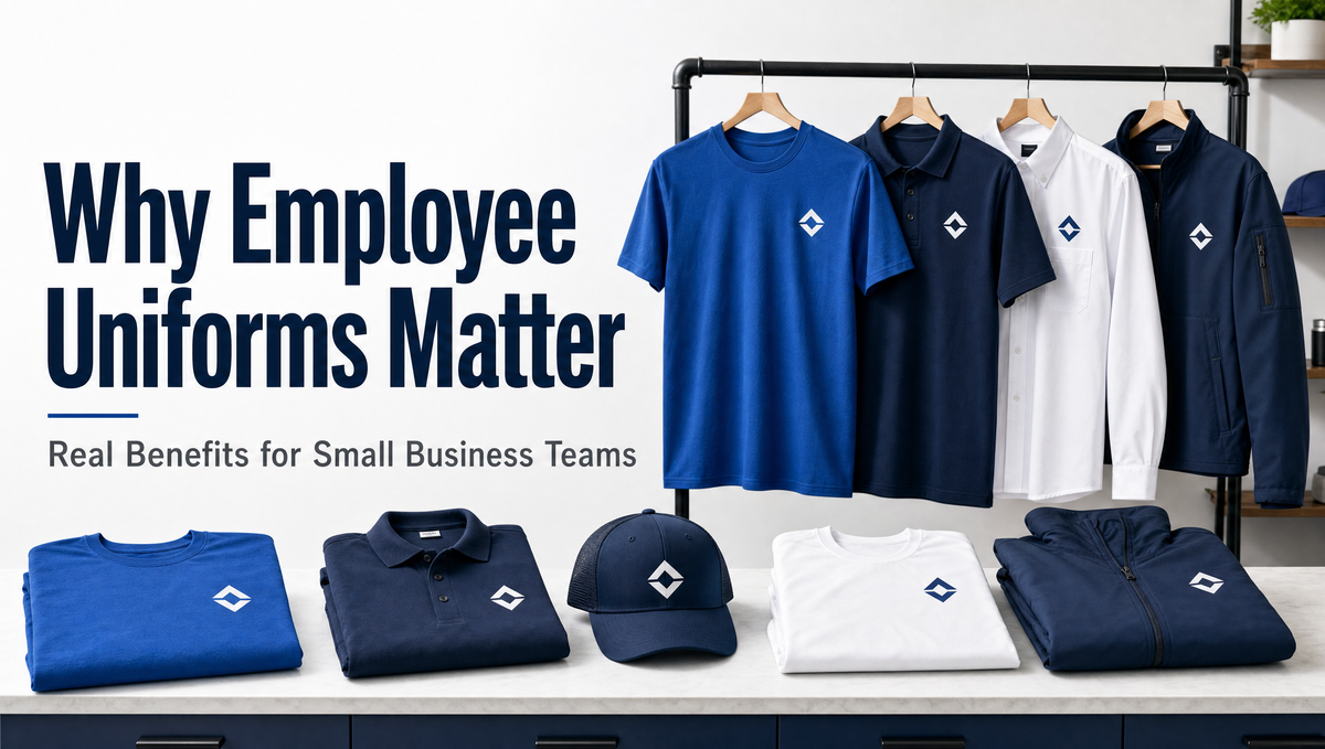 Why employee uniforms matter for small business teams, branded work shirts, polos and jackets in navy and blue