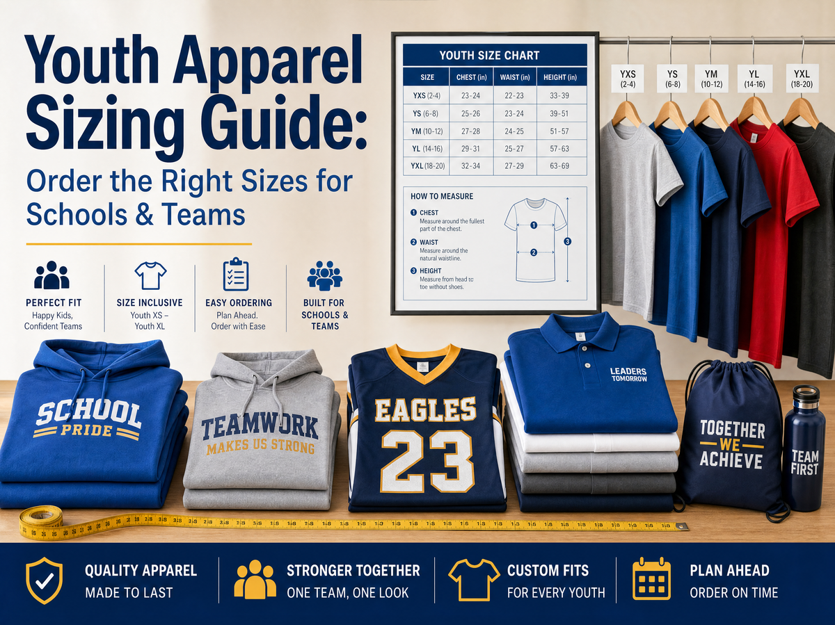 Youth apparel sizing guide banner showing custom youth shirts, team apparel, and organized size options for schools and teams.