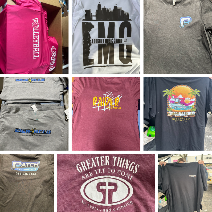A collage of custom printed and embroidered work shirts created by Qwik Tees in DeLand, Florida, showcasing designs for local businesses across Volusia County.