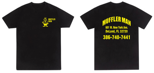 Custom black work shirts with yellow logo printed for Muffler Man by Qwik Tees in DeLand Florida