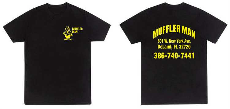 Custom black work shirts with yellow logo printed for Muffler Man by Qwik Tees in DeLand Florida