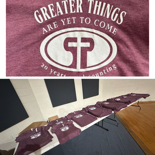 Maroon custom church T-shirts with “Greater Things Are Yet to Come” printed for South Putnam Church by Qwik Tees in Crescent City FL 32112.