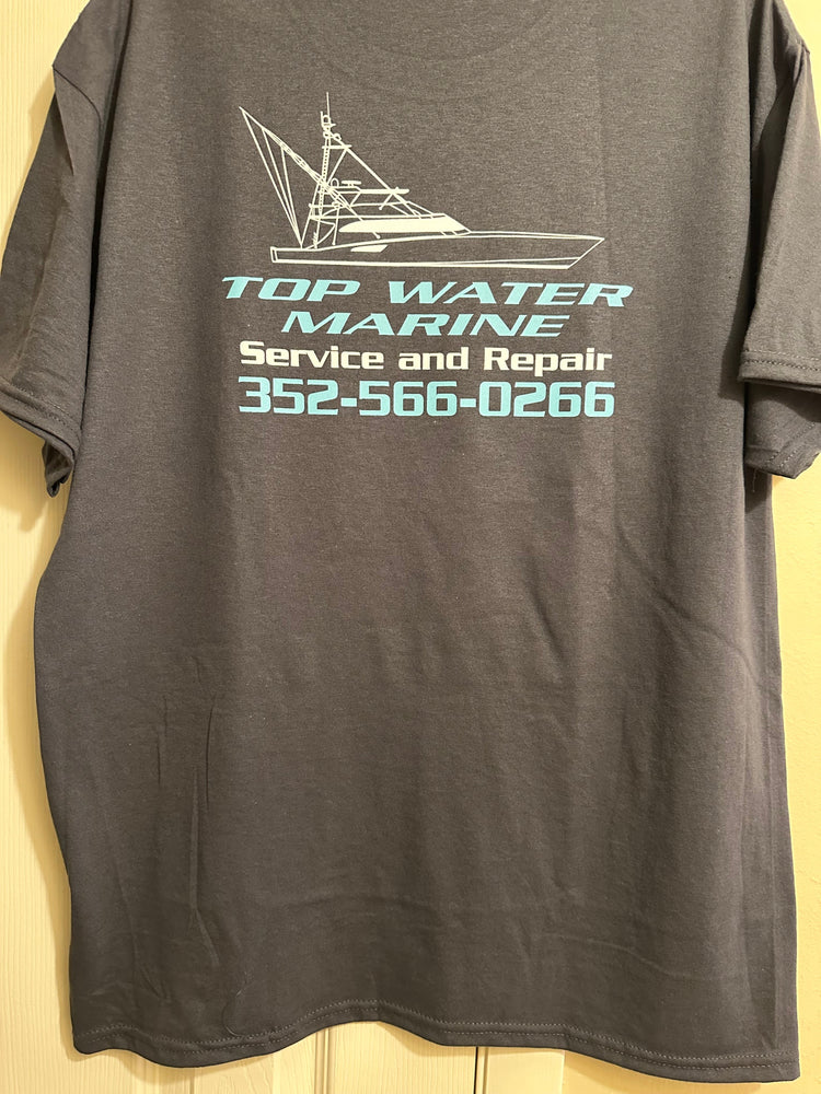 Black custom T-shirt with blue company name and white logo printed for Top Water Marine by Qwik Tees in DeLand FL 32724.