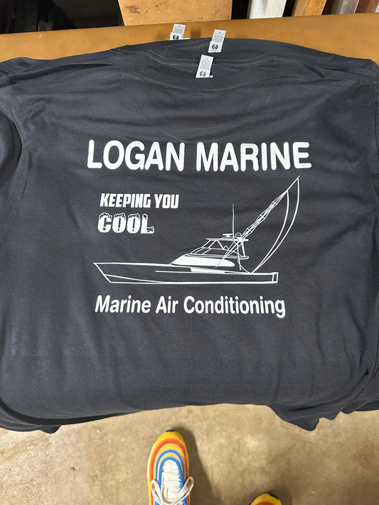 Custom marine work shirts for Logan Marine by Qwik Tees in DeLand Florida – screen printing for marine air conditioning company