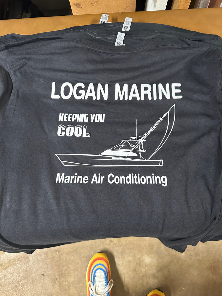 Custom marine work shirts for Logan Marine by Qwik Tees in DeLand Florida – screen printing for marine air conditioning company