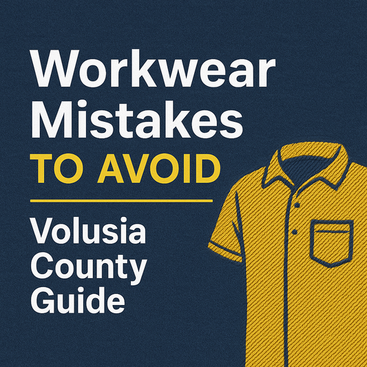 Banner graphic titled ‘Top 5 Mistakes Businesses Make When Ordering Custom Workwear,’ featuring embroidered work shirts and polos for local businesses in DeLand and Volusia County