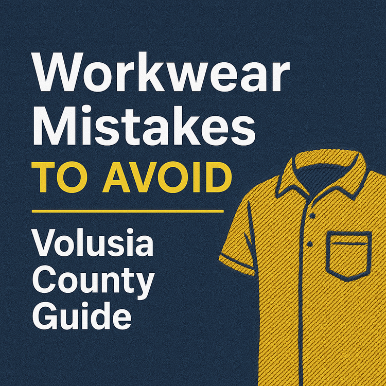 Banner graphic titled ‘Top 5 Mistakes Businesses Make When Ordering Custom Workwear,’ featuring embroidered work shirts and polos for local businesses in DeLand and Volusia County