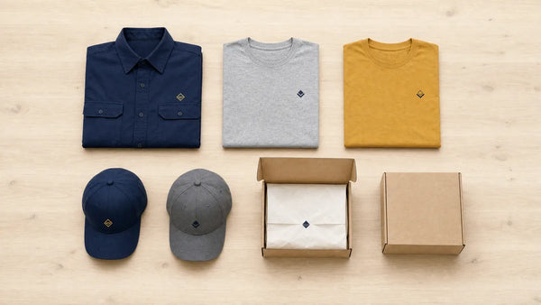 Folded navy work shirt, grey and gold tees, two embroidered caps, and kraft boxes on light wood