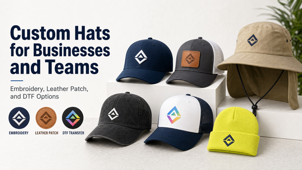 Custom embroidered hats for businesses and teams shown with embroidery, leather patch, and DTF decoration options
