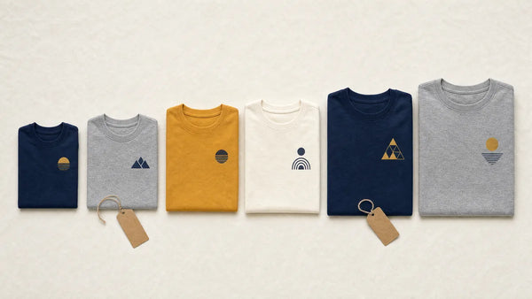 Six folded kids tees in graduated sizes with small gold and navy chest graphics and kraft tags