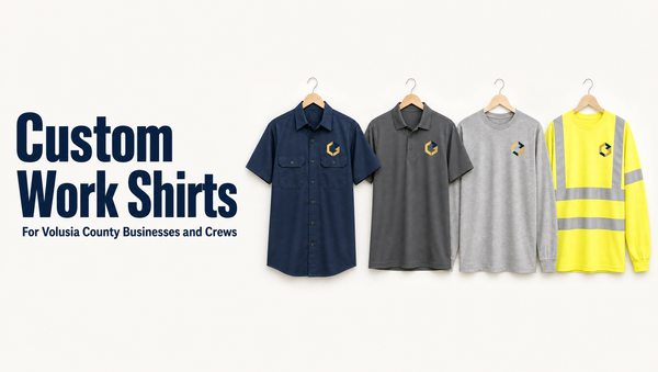 Four custom work shirt styles for Volusia County businesses: navy button-up, gray polo, long sleeve tee, and hi-vis shirt