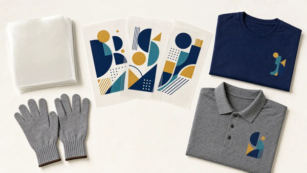 Clear DTF transfer films fanned beside a folded navy tee and grey polo with matching prints