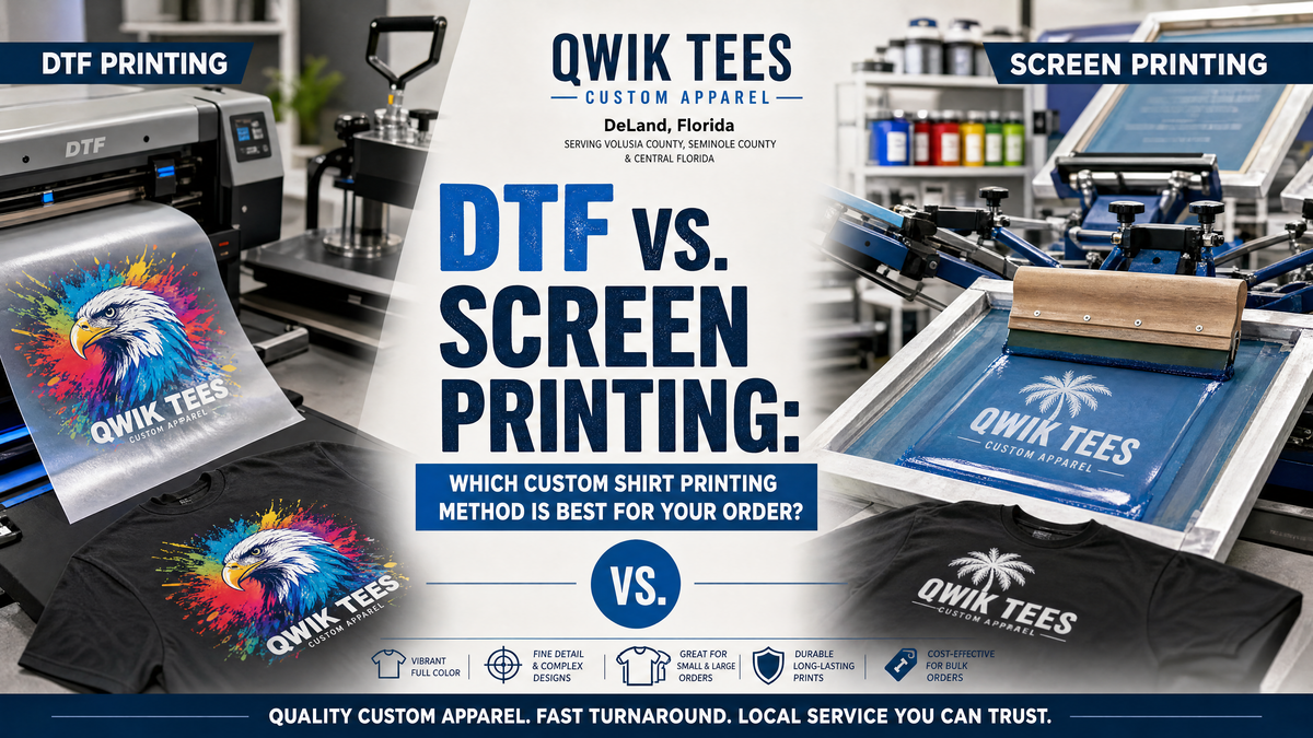 Featured banner comparing DTF and screen printing for custom shirt printing, showing both printing methods in a professional custom apparel shop at Qwik Tees in DeLand, Florida.