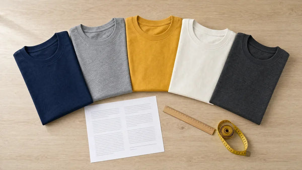 Five folded blank t-shirts fanned on a wood table beside a spec sheet and measuring tape