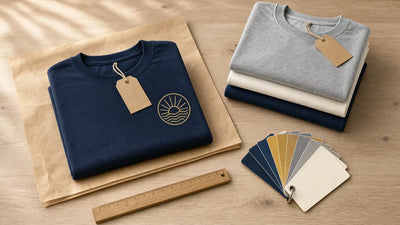 Folded navy tee with a gold sun graphic on kraft paper beside blank tees and ink swatch chips