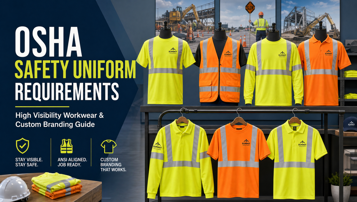 High visibility safety uniforms with reflective workwear and branded apparel for an OSHA safety uniform requirements guide.