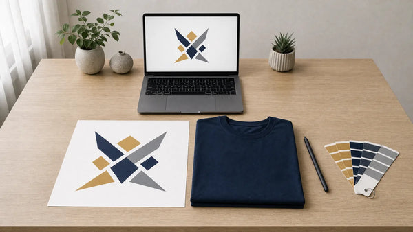 Designer desk with a laptop, printed proof sheet, folded navy tee, stylus, and color swatch fan