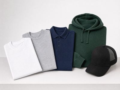 Lineup of custom apparel brands including t-shirts, polos, hoodies, and caps used for screen printing, DTF, and embroidery