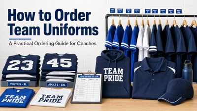 Custom team uniforms including jerseys, polos, hoodies and caps arranged with a roster clipboard for a coach ordering team apparel