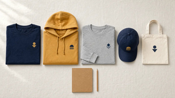 Navy tee, gold hoodie, grey long sleeve, navy cap, and cream tote laid out with a notebook