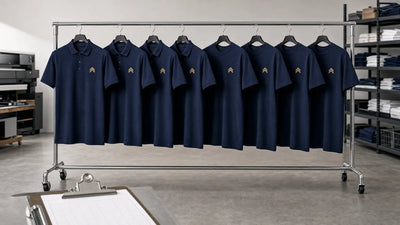 Eight matching navy staff uniform polos and tees hanging on a chrome rolling rack