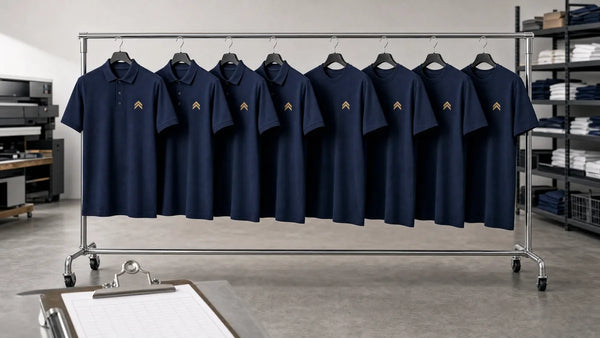 Eight matching navy staff uniform polos and tees hanging on a chrome rolling rack
