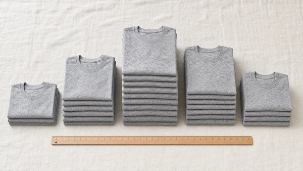 Five stacks of folded heather grey tees at different heights beside a wooden ruler on linen