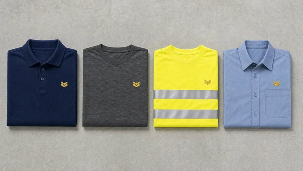 Navy polo, charcoal tee, hi-vis safety shirt, and blue mechanic shirt folded in a row
