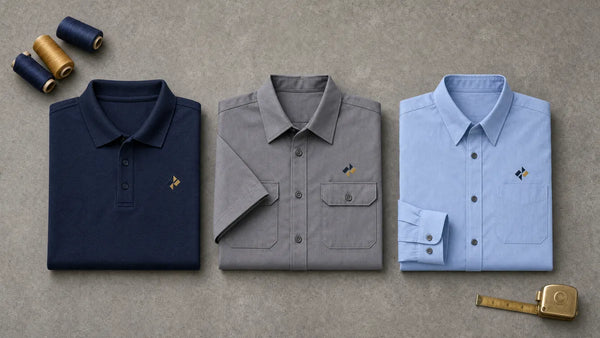 Navy polo, grey work shirt, and light blue button up folded in a row with matching chest logos