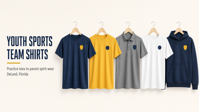 Navy, gold, grey and white youth sports team shirts hanging in a row
