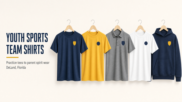 Navy, gold, grey and white youth sports team shirts hanging in a row