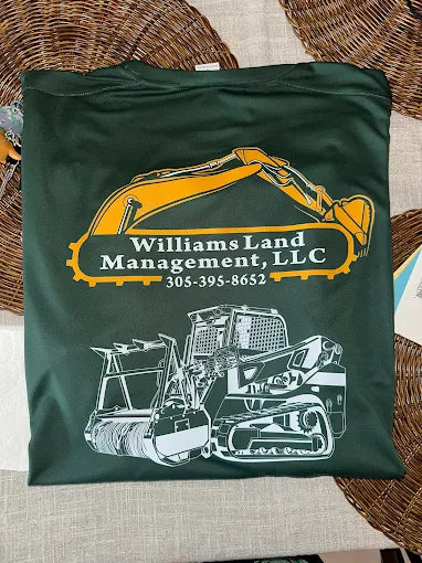 Screen-printed work uniforms featuring bold logos and durable ink, created by Qwik Tees in DeLand, FL.